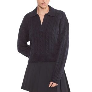 Aritzia Sunday Best Lottie Cable Knit Polo Sweater Black Merino Wool Sz M